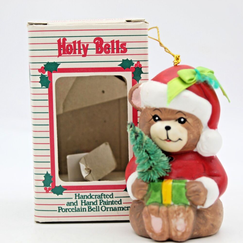 Holly Bells Porcelain Teddy Bear Bell Ornament Vintage 1986 Original Box b